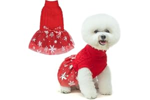 BEAUTYZOO Small Dog Christmas Sweater Dress with Bowtie for Small Medium Dogs Girls, Cable Knitted Warm Turtleneck Pullover Knitwear, Doggie Tutu Skirt Dresses Clothes for Chihuahua Yorkie (XS)