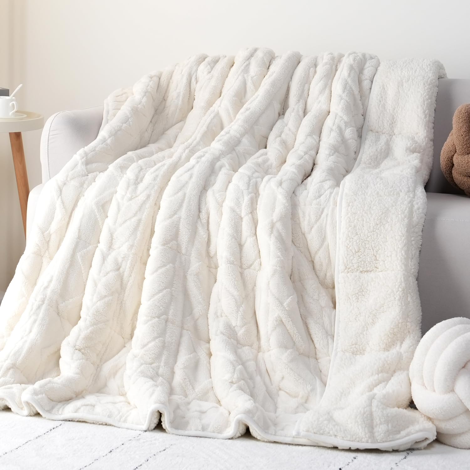 Photo 1 of Cottonblue Jacquard Weighted Blanket 15lbs for Adults Queen Size, Ultra Soft Cozy Comfort Sherpa Blanket for Relax and Sleep, Heavy Bed Blankets with Cemaric Beads, 60x80 Inches, Cream White