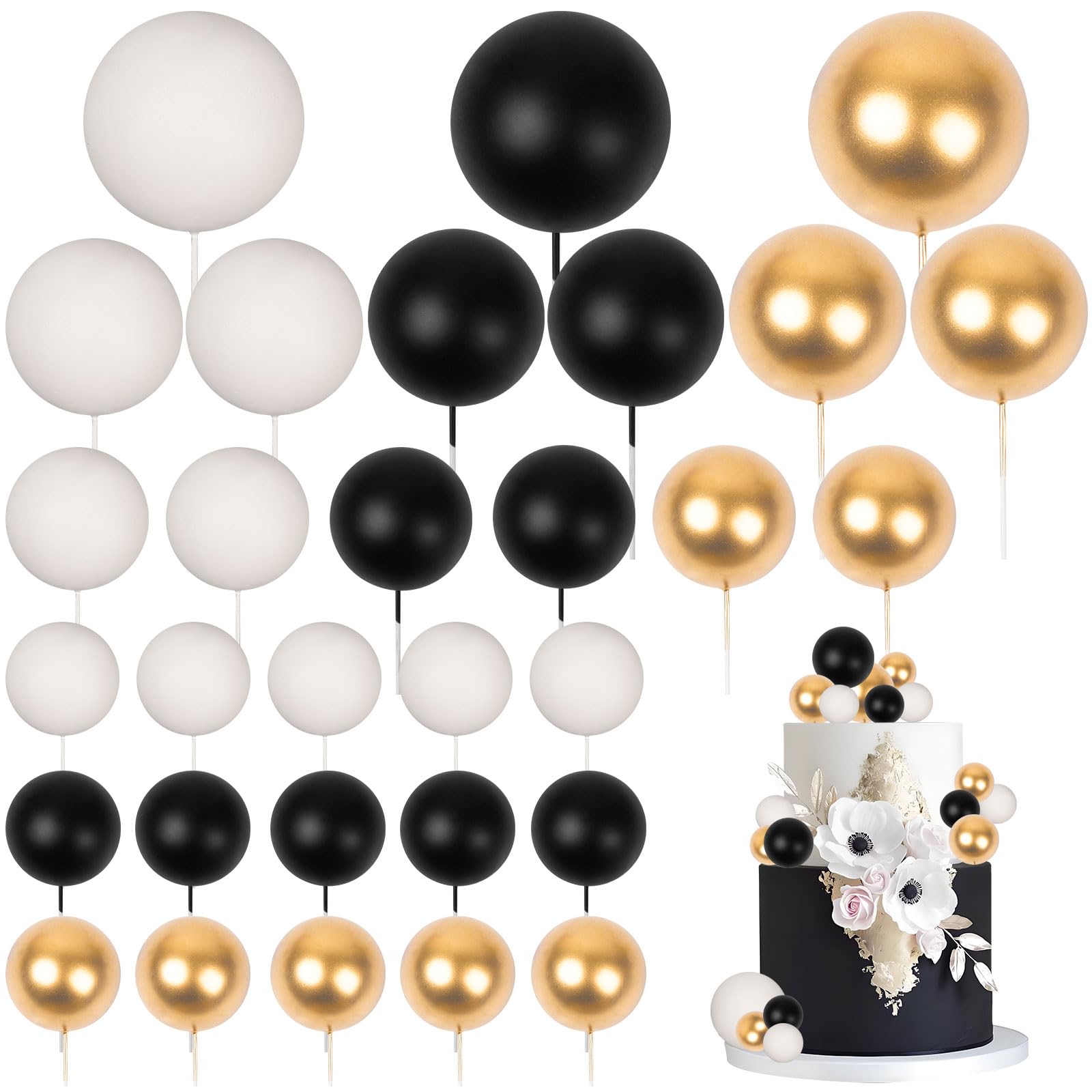 Photo 1 of 30 PCS Balls Cake Topper DIY Cake Insert Toppers Ball Cake Picks Cupcake Topper for Birthday Party Baby Shower Wedding Cake Decoration(Black Gold White)