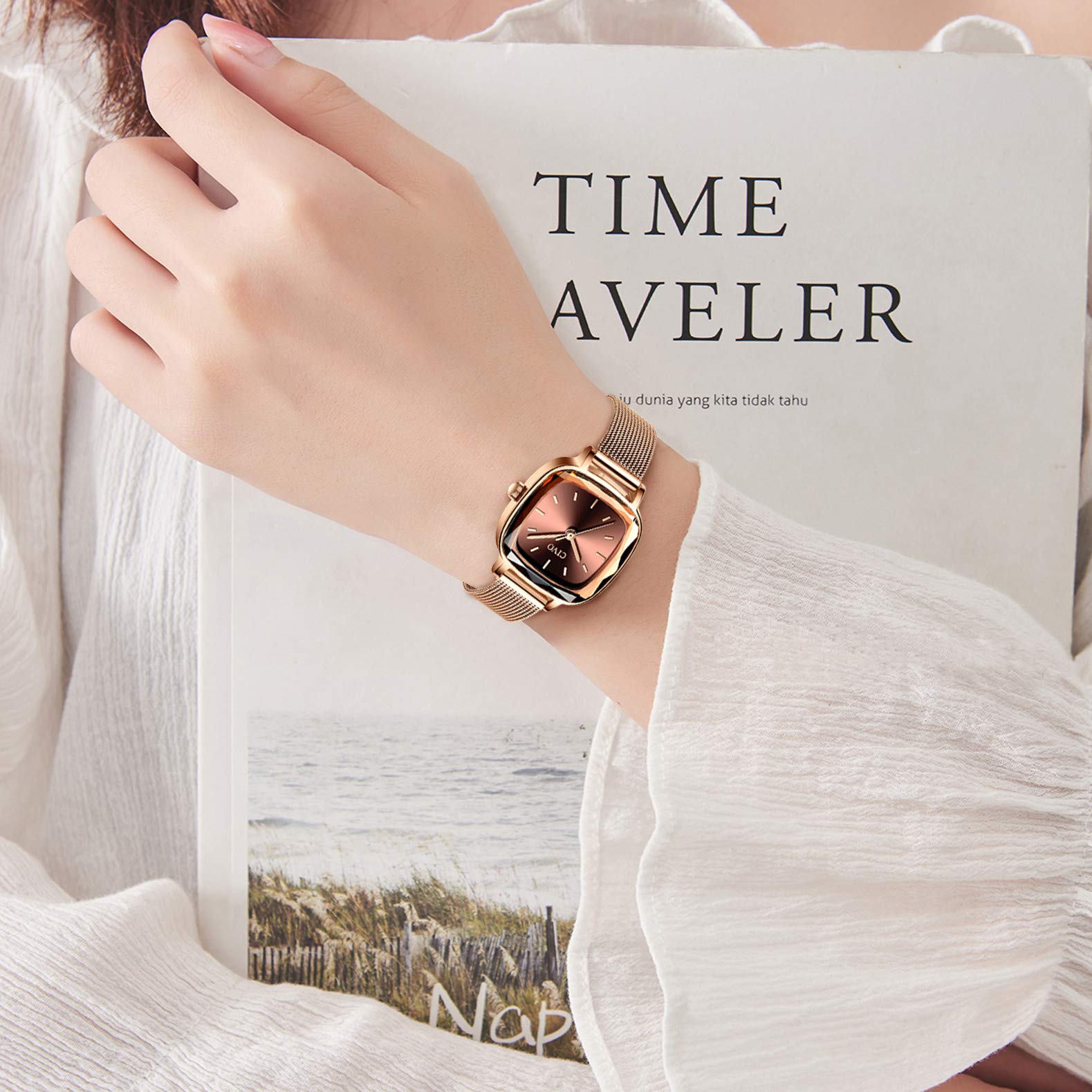 CIVO Womens Watches Stainless Steel Waterproof Rectangle Rose Gold Wrist Watch Designer Simple Elegant Casual