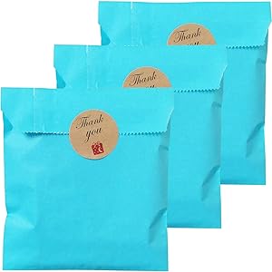 Party Favor Bag 5 * 7 inch, 100 pcs Food Safe Kraft Paper and Ink, Natural (Biodegradable), Vivid Colored Candy Cookie Buffet Bags, Flat Paper Bag with 96 pcs 1.5 inch Stickers.(Solid Sky Blue)