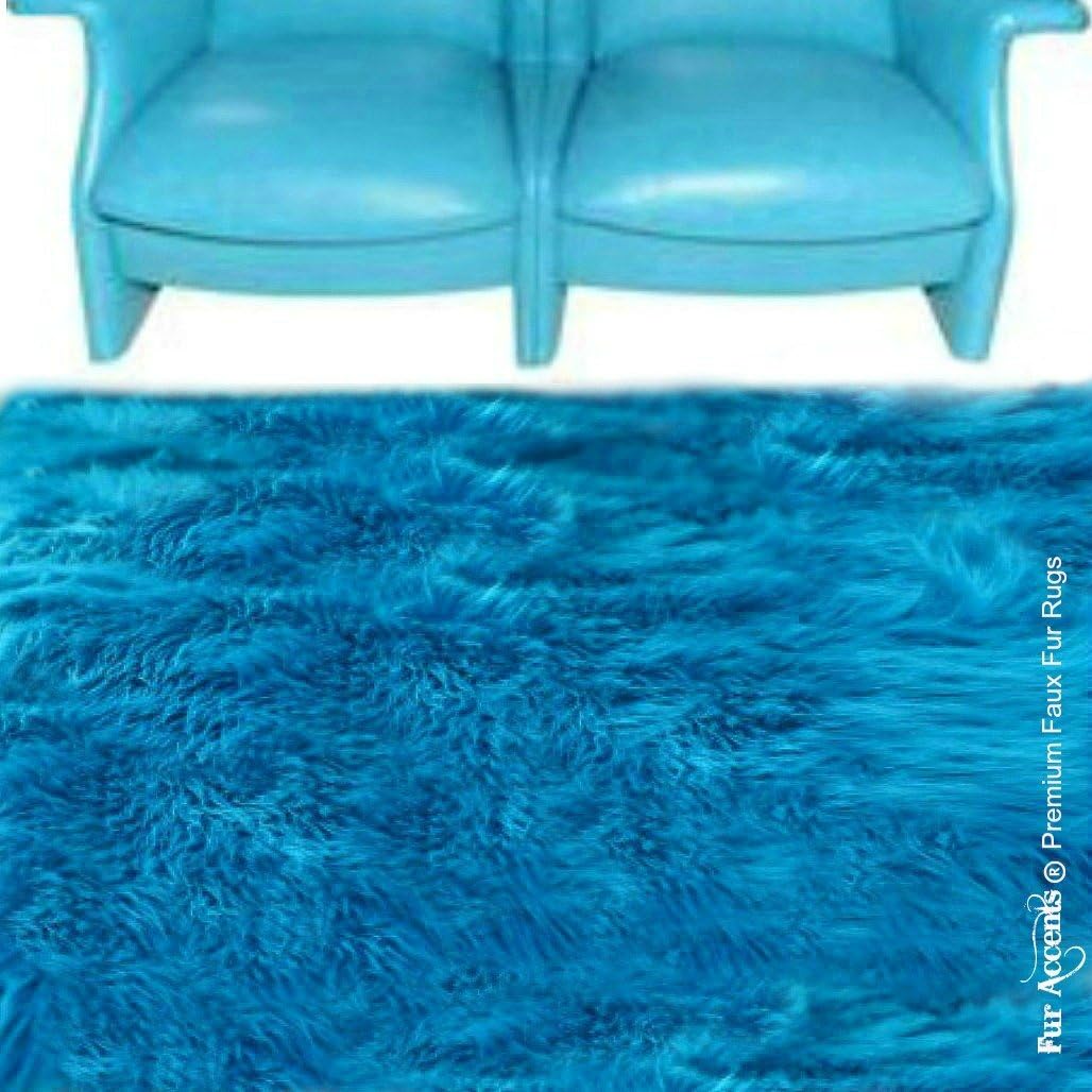 Fur Accents Super Soft Shag Style Area Rug - Plush Turquoise Blue Faux Fur - Rectangle - Designer Carpets USA (2'x4')