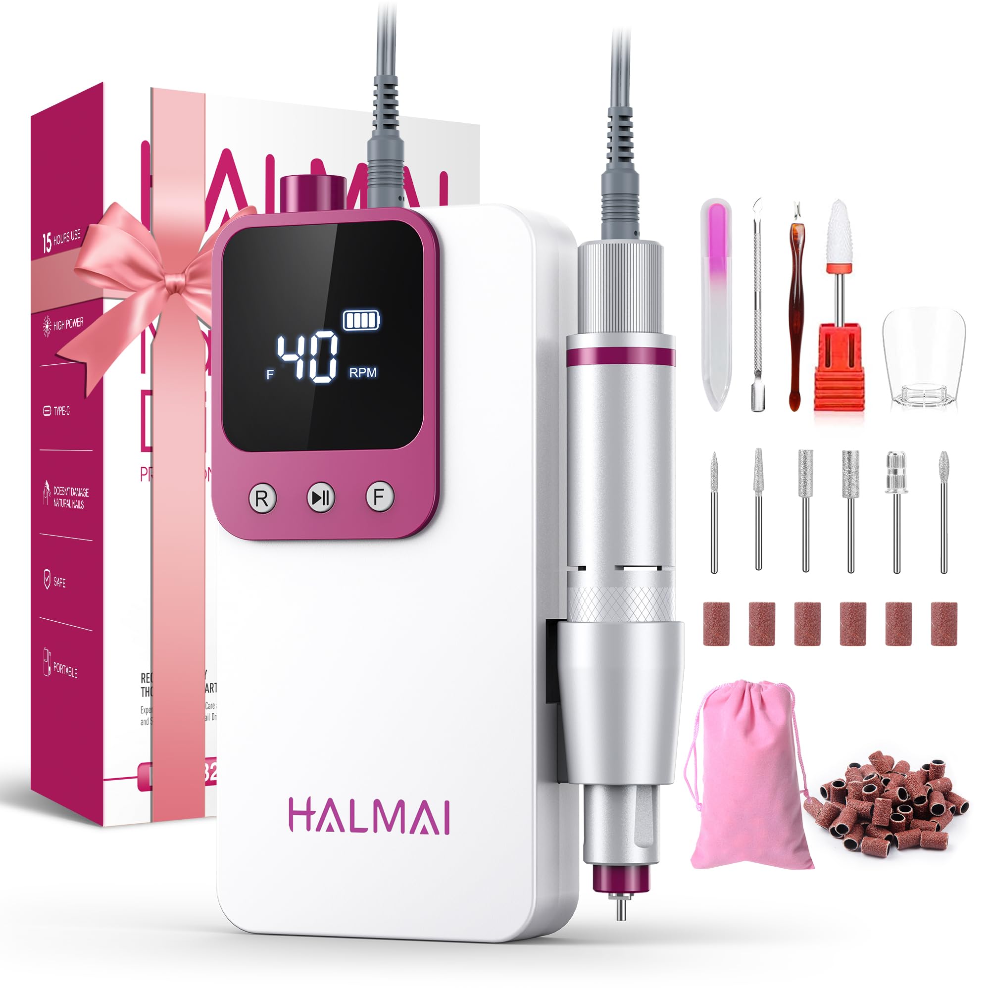 HALMAI HMC320 プロフェッショナル電動ネイルドリル 携帯式ネイルファイル アクリルジェルネイル用 コードレス充電式 超強力ネイルドリルキット 40000RPM サロン級EFileマシン (白色)商品画像