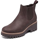 DECARSDZ Womens Chunky Platform Chelsea Boot With Elastic Low Wedge Heel Slip On For Fall Work Suede Leather Classic Style Ankle Boots Women