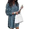 Zilcremo Women Denim Shirt Dresses Long Sleeve Distressed Jean Dress Button Down Casual Tunic Top