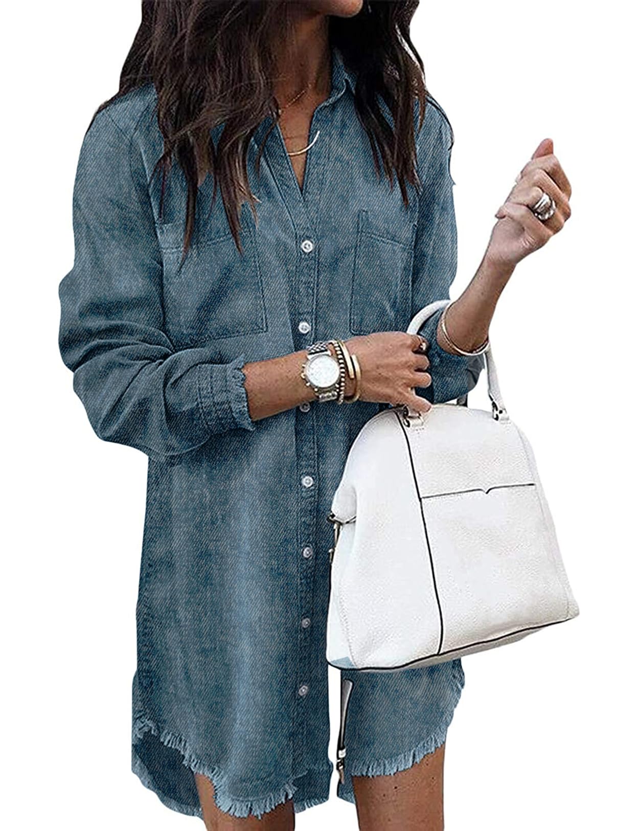 Photo 1 of Zilcremo Women Denim Shirt Dresses Long Sleeve Distressed Jean Dress Button Down Casual Tunic Top Washedblue M