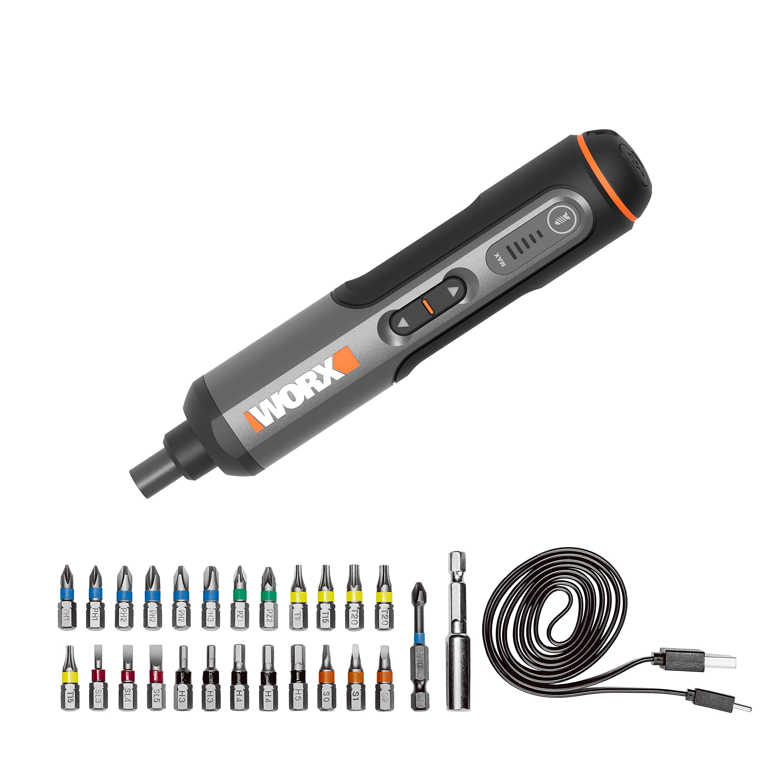 WORX WX240 3.6V (4V MAX) Mini Electric Screwdriver with 3-Gear Torque, 5Nm Power, 24pc Screwdriver Bits, LED Light - Lightweight, Cordless, USB C Charging, Ideal for Assembly & Repair Projects
