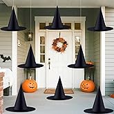 ZeeDix 8 Pcs Halloween Witch Hats Hanging Decor Indoor, Black Floating Witches Hat with 98 Ft Hanging Rope, Wizard Costume Accessories Outdoor Halloween Decorations for Home Yard Porch Ceiling