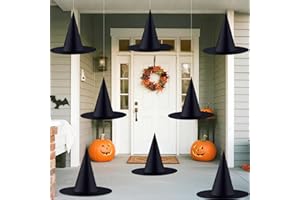 ZeeDix 8 Pcs Halloween Witch Hats Hanging Decor Indoor, Black Floating Witches Hat with 98 Ft Hanging Rope, Wizard Costume Accessories Outdoor Halloween Decorations for Home Yard Porch Ceiling