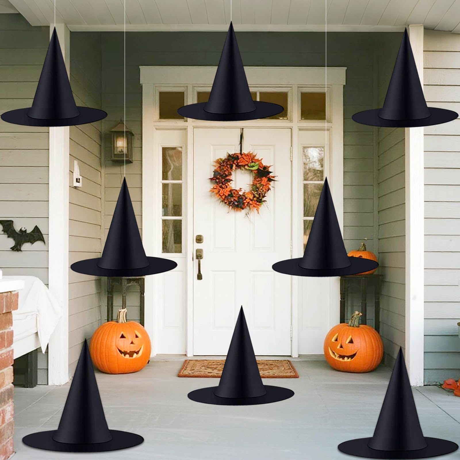 Photo 1 of ZeeDix 8 Pcs Halloween Witch Hats Hanging Decor Indoor, Black Floating Witches Hat with 98 Ft Hanging Rope, Wizard Costume Accessories Outdoor Halloween Decorations for Home Yard Porch Ceiling
