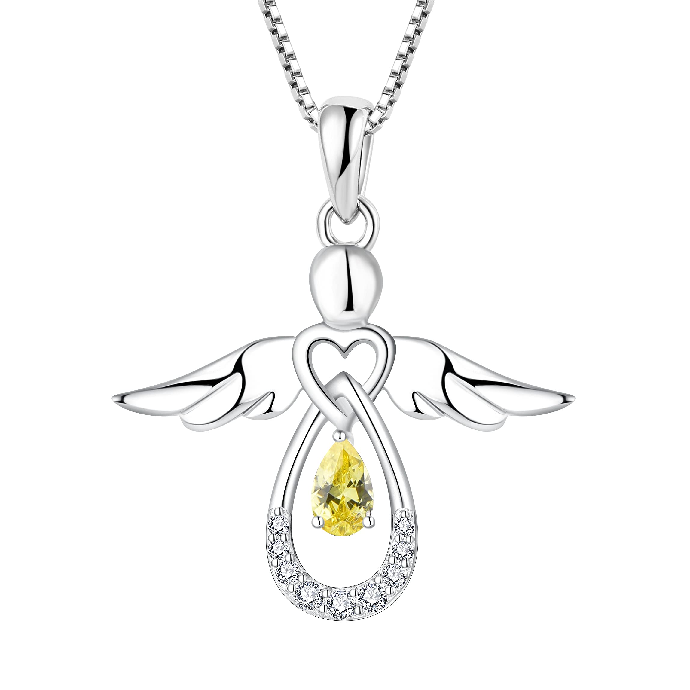 FJ Guardian Angel Necklace 925 Sterling Silver Angel Pendant Citrine Necklace November Birthstone Jewellery for Women