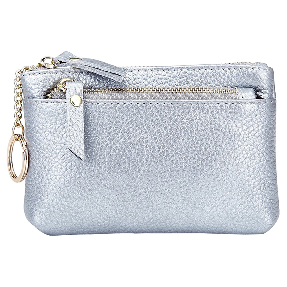Esdrem Womens Premium Leather Triple Zipper Coin Change Purse Slim Card Holder Wallet w/Key Ring (Silver)