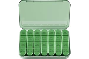 Odaro Weekly Pill Organizer 4 Times a Day, Daily Pill Box 7 Day, Large Travel Pill Case with 28 Compartment to Hold Medicine, Vitamin and Supplement - Full Olive