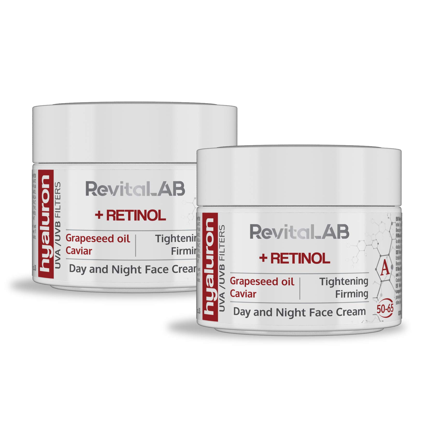 RevitaLAB Hyaluron Anti-Ageing Day and Night Cream, Enriched with Retinol, Caviar and Red Grape, for Ages 50 - 65, 2x 50 ml (Multipack)