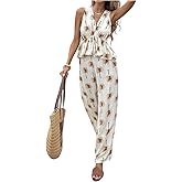SweatyRocks Women's 2 Piece Summer Outfits Tie Front Sleeveless Peplum Blouse and Pants Sets