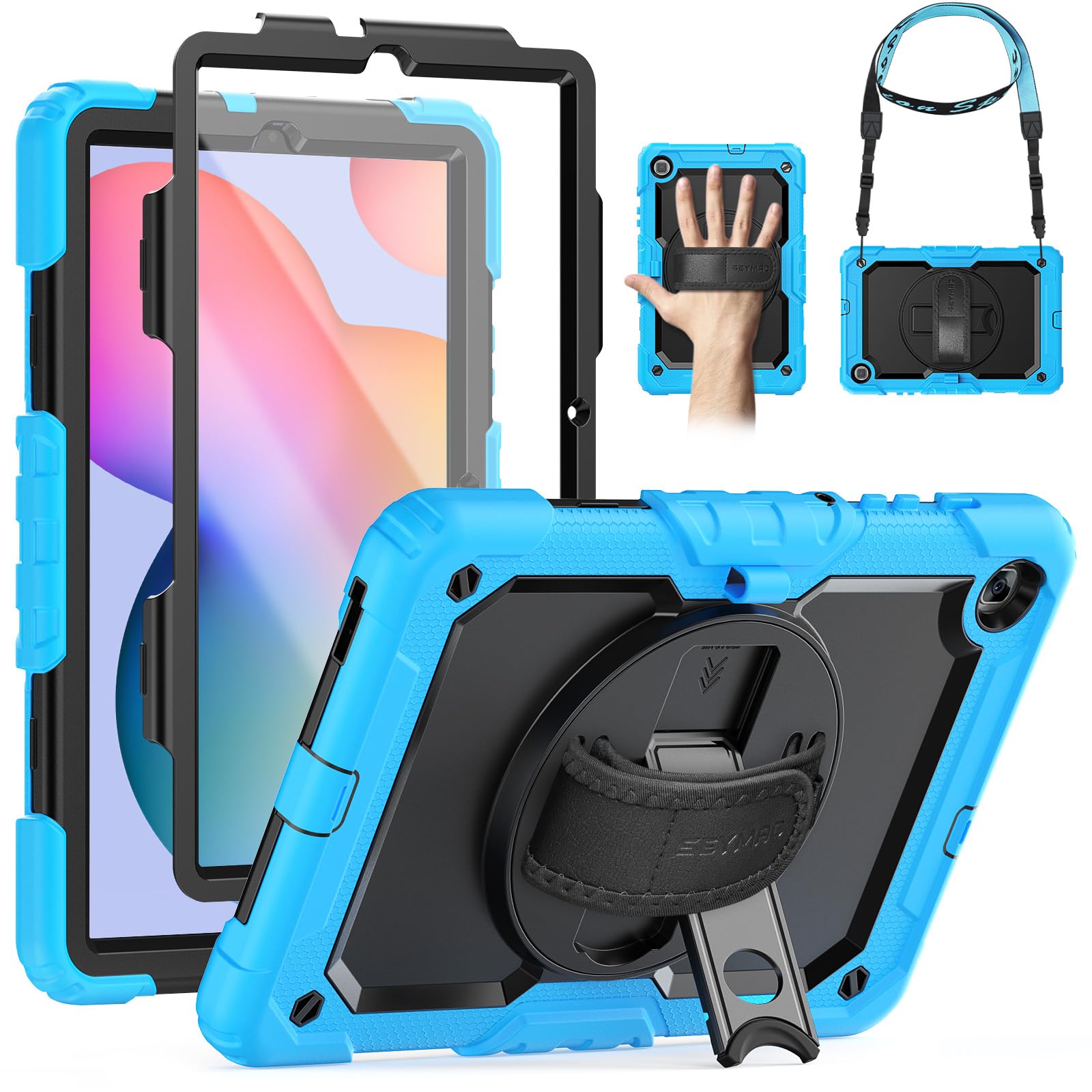 SEYMAC Case for Samsung Galaxy Tab S6 Lite 10.4 Inch 2024/2022/2020, Protective Tablet Case with 360 Rotating Hand Strap & Stand, Pen Holder, Screen Protector and Shoulder Strap, Light Blue