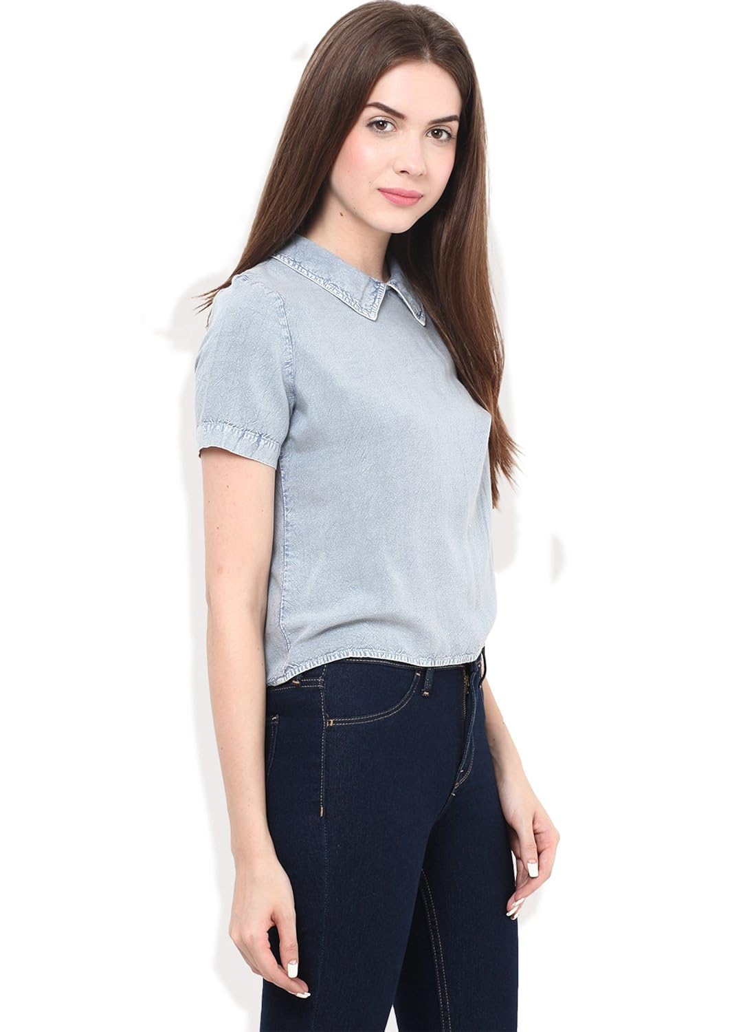 free & young shirt collar crop top with back tie up