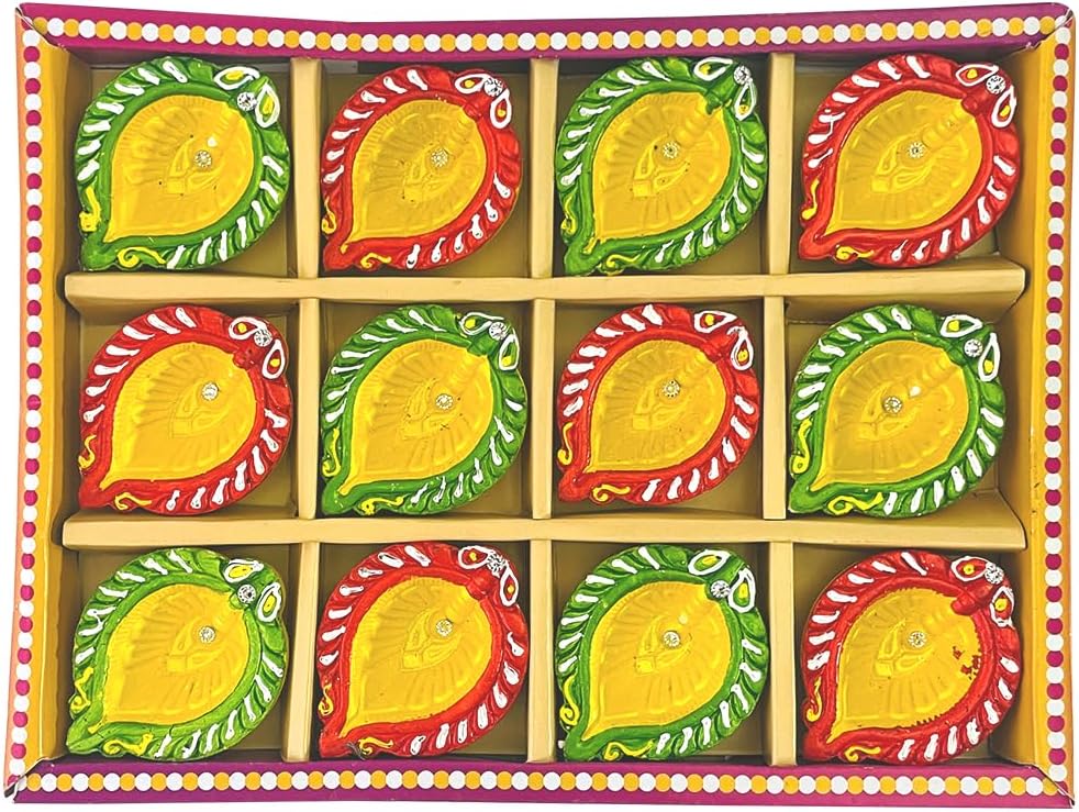 Oil Lamps & Accessories - KSJONE Diya Colorful Handmade Earthen Clay Terracotta Diyas Set for Lighting Decoration with Cotton Wicks (Set of 12, Multicolor) (D3)