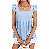Rooscier Women's Square Neck Ruffle Cap Sleeve Cute Babydoll Blouses Top Shirt