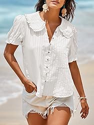 Tankaneo Womens Puff Sleeve Shirts Peter Pan Collar
