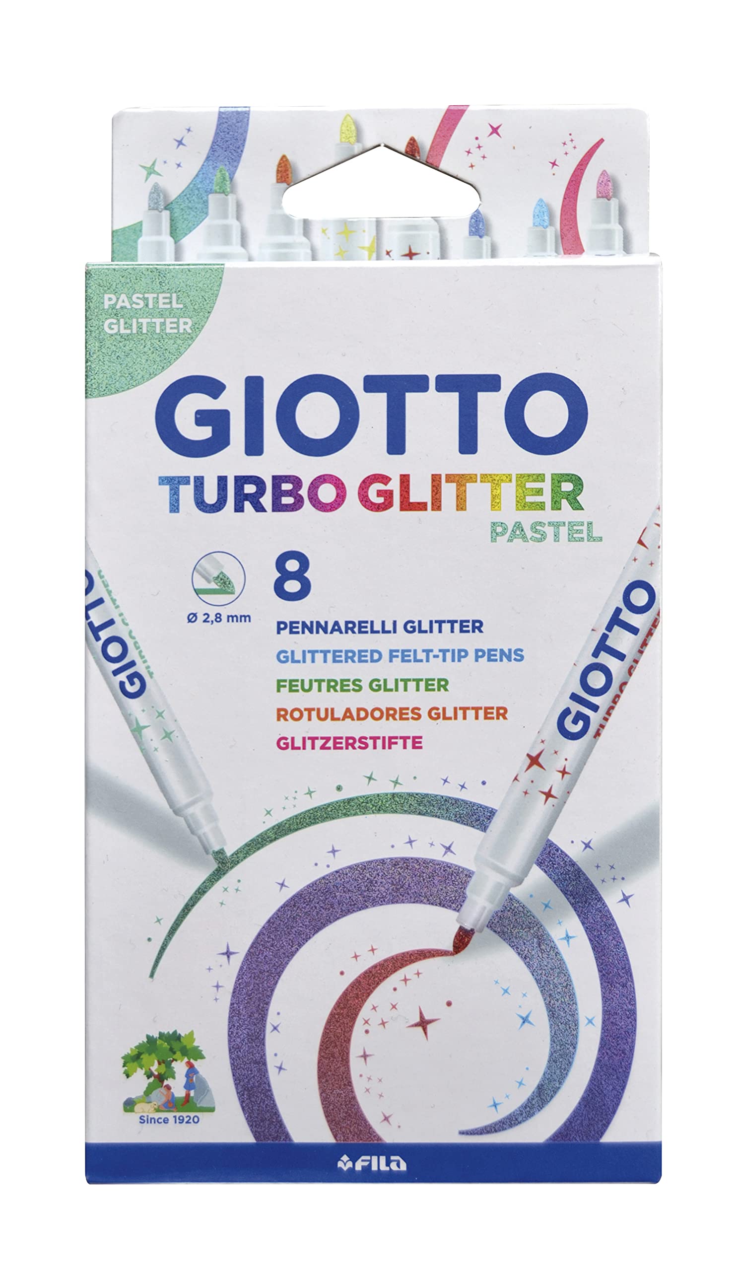 GIOTTO Turbo Glitter Ink Felt Tip Fibre Pens, Super Washable, Fine Tip Nib 2.8mm, 8 Pastel Colours, For Children, Parties and Schools โ image 1