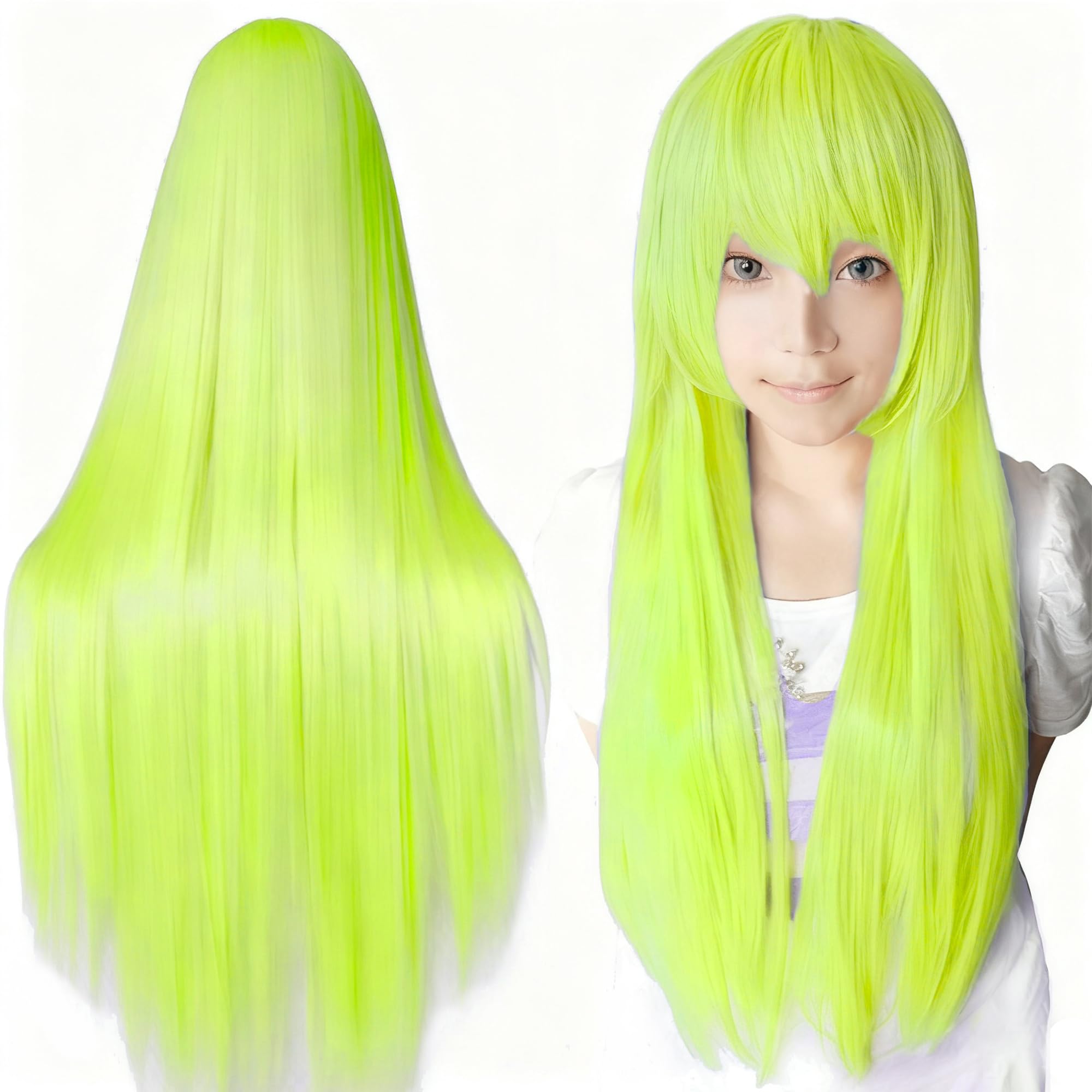 IMISSU 80cm Long Straight Natural Hair Cosplay Wigs with Bangs Colorful Halloween Costume Party Wig (Fluorescent Green)