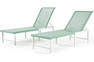 RICNOD Outdoor Chaise Lounge Chair Set of 2, Rattan Pool Chairs with Adjustable Backrest，Rustproof Aluminum Frame Tanning Chair, for Poolside, Backyard,Porch, Deck, Mint Green