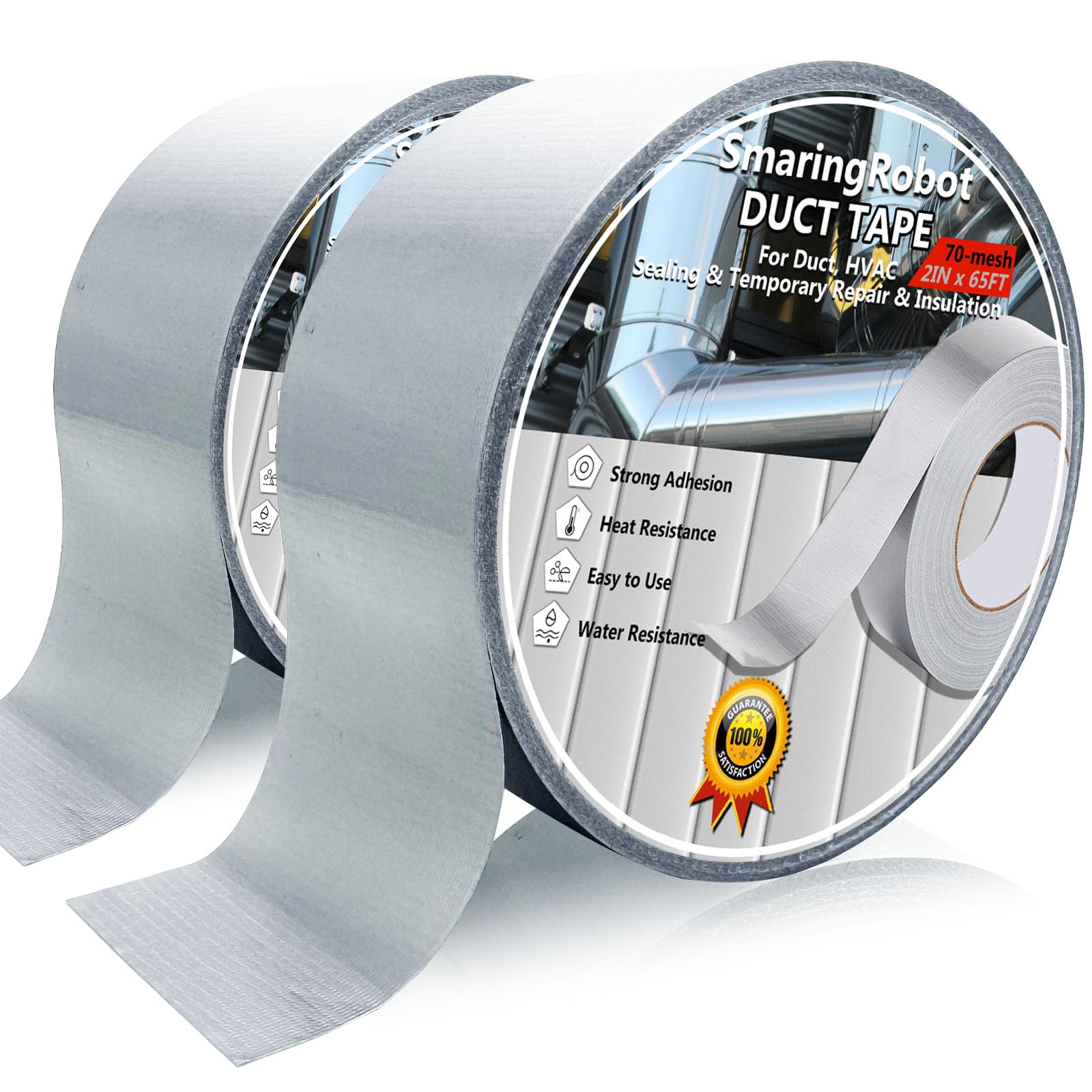 Photo 1 of 2 Pack Duct Tape Heavy Duty, Waterproof, Heat Resistant, Strong Adhesive Packaging Tape for HVAC, Home Improvement, Outdoor, Packing Boxes, Pipe Insulation, Window Sealing (21 Yards x 2 Inch)