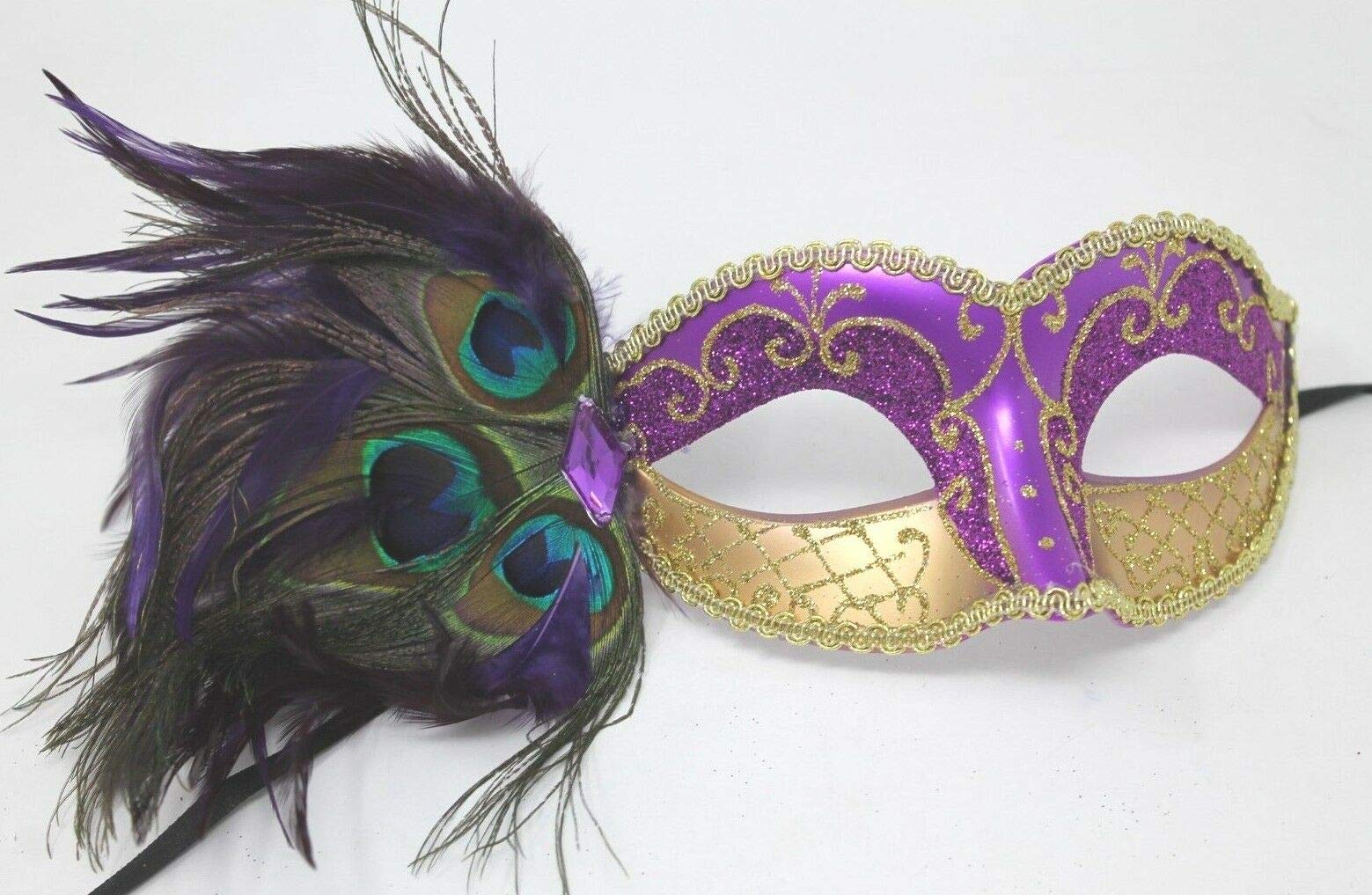 Mask & Co LADIES SPARKLING PURPLE & GOLD VENETIAN MASQUERADE CARNIVAL PARTY EYE WITH PEACOCK FEATHERS