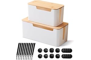 [Set of 2] Wood Cover Cable Management Box Set, Wire Ties Included to Organize Desk Cord Cables, Hide TV Computer Wires, Powe