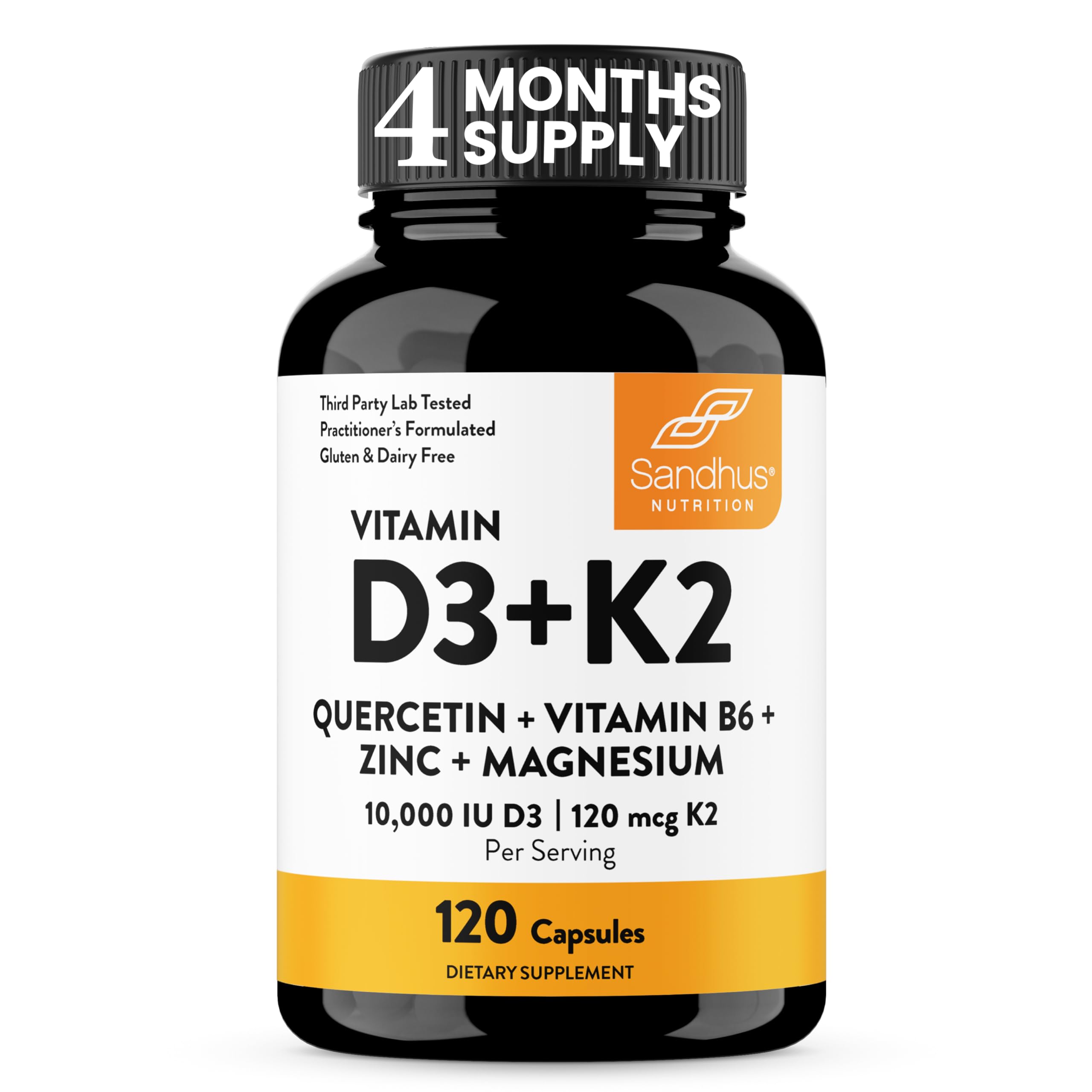 Sandhu's Vitamin D3 K2 Magnesium 10000 IU, 120mcg K2 Capsules 120 Count (Pack of 1) | with VIT B6, Zinc & Quercetin | D3K2 Supports Superior Absorption, Energy, Immune, Muscle Health for Men & Women Image