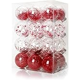 24 PCS Shatterproof Christmas Ornaments - 2.36"/60mm Red & Clear Tree Balls with Stuffed Accents, 2025 Adornos Navideños for Xmas