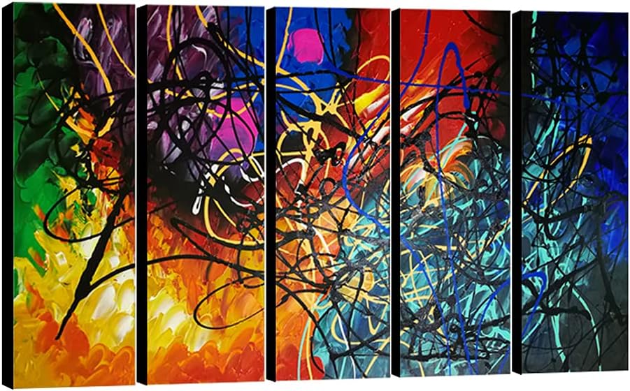 Paintings - Wieco Art Colorful Abstract Heart Oil Paintings on Canvas Wall Art Ready to Hang for Living Room Bedroom Home Office Decorations Modern 5 Panel 100% Hand Painted Stretched and Framed Artwork
