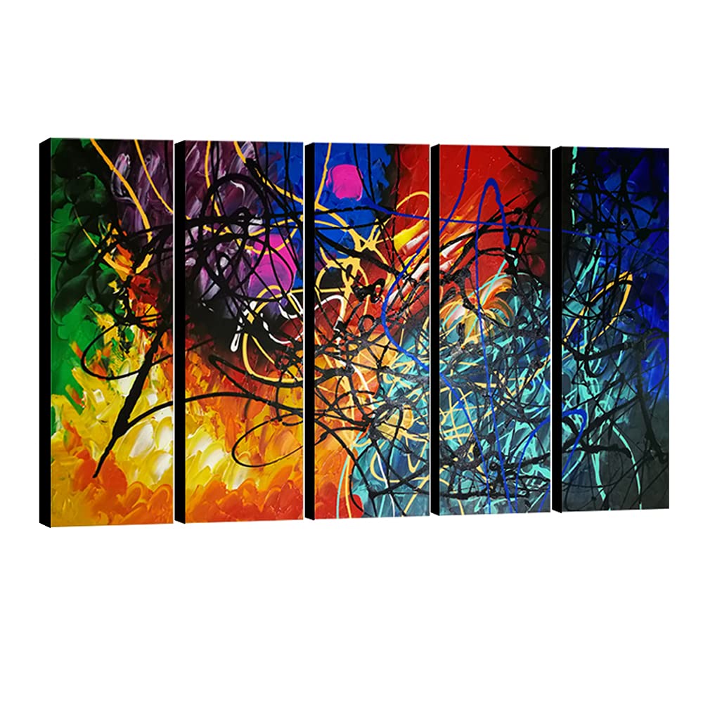 Wieco Art - Modern 5 Piece 100% Hand Painted Stretched and Framed Colorful Abstract Heart Oil Paintings Artwork on Canvas Wall Art Ready to Hang for Living Room Bedroom Home Office Decorations
