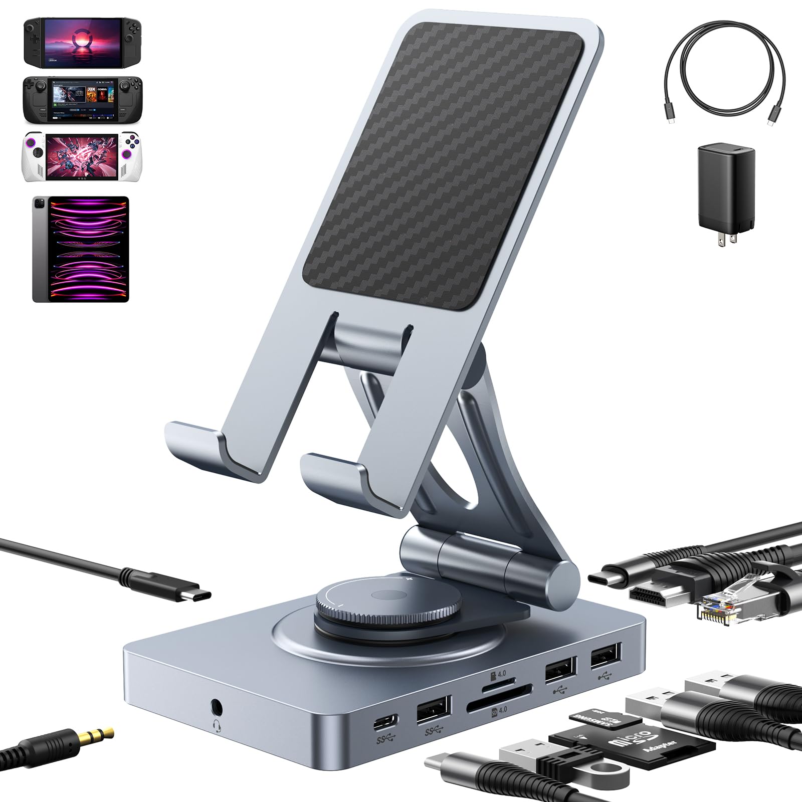 Photo 1 of Versatile USB C Docking Station for iPad (USB-C), 11-in-1 with SD TF 4.0 Reader, 4K@60Hz HDMI, RJ45, Audio, USB A, USB c, Rotatable, Also for Tablet, Steam Deck, ROG Ally, Legion Go, with 65W Adapter