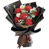 Completed Crochet Flowers Handmade Knitted Bouquet Rose Puff Flower Gift Card Bag Kit for Mother's Day Valentines Day Birthday Wedding Home Decor Red