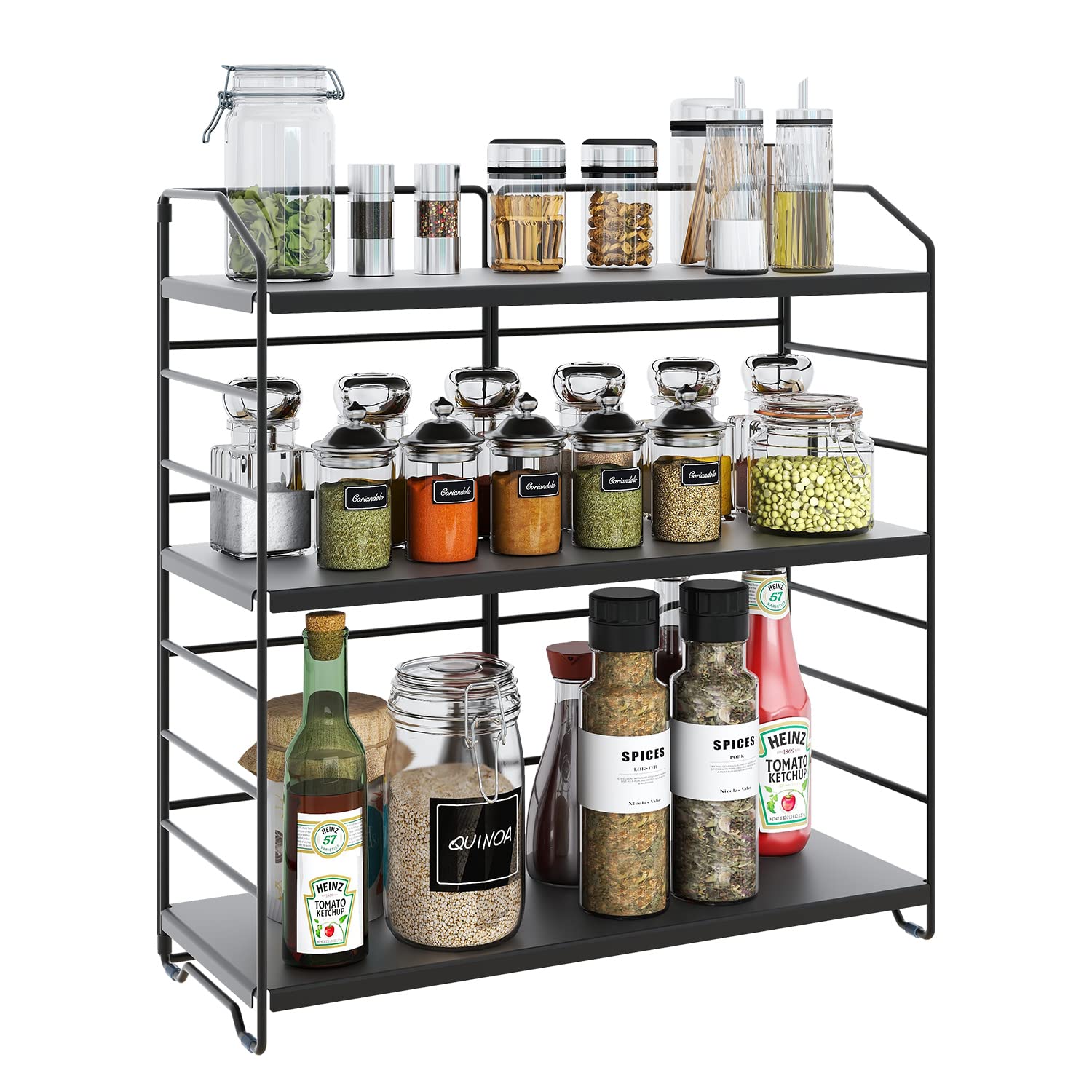 AIRUJIA Spice Rack 3-Tier, Height Ajustable, Seasoning Rack for Kitchen Countertop, Free Standing Rack, spices organiser, Tiered Spice Rack Black