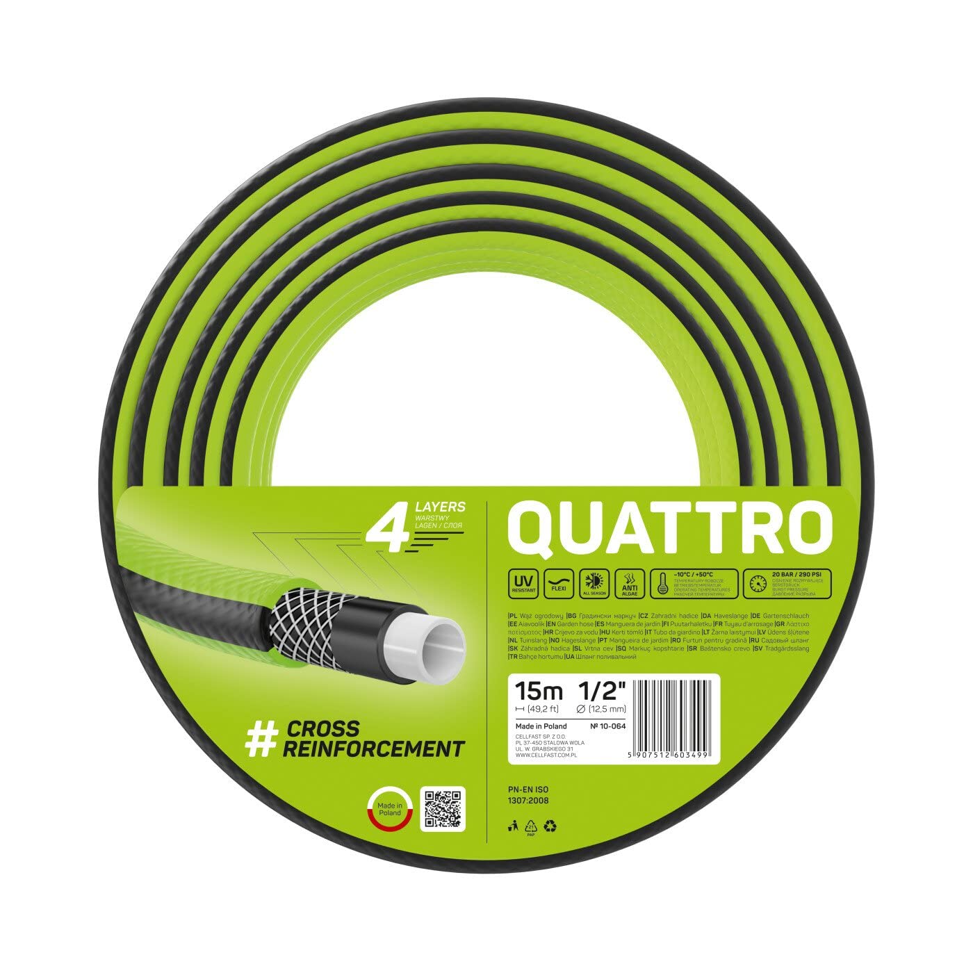 Cellfast Quattro Heavy Duty Garden Hose Lightweight 4 Ply UV Resistant Wire Hose Cross Braid 20 Bar 1/2" 15m 10-064