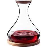 Cork &amp; Mill Wine Decanter Set with Acacia Wood Stand and Stopper Lid | Hand Blown Crystal Glass Carafe for Red Wine Aeration, Contemporary Luxury Wine Accessories, Gift Idea for Women or Men