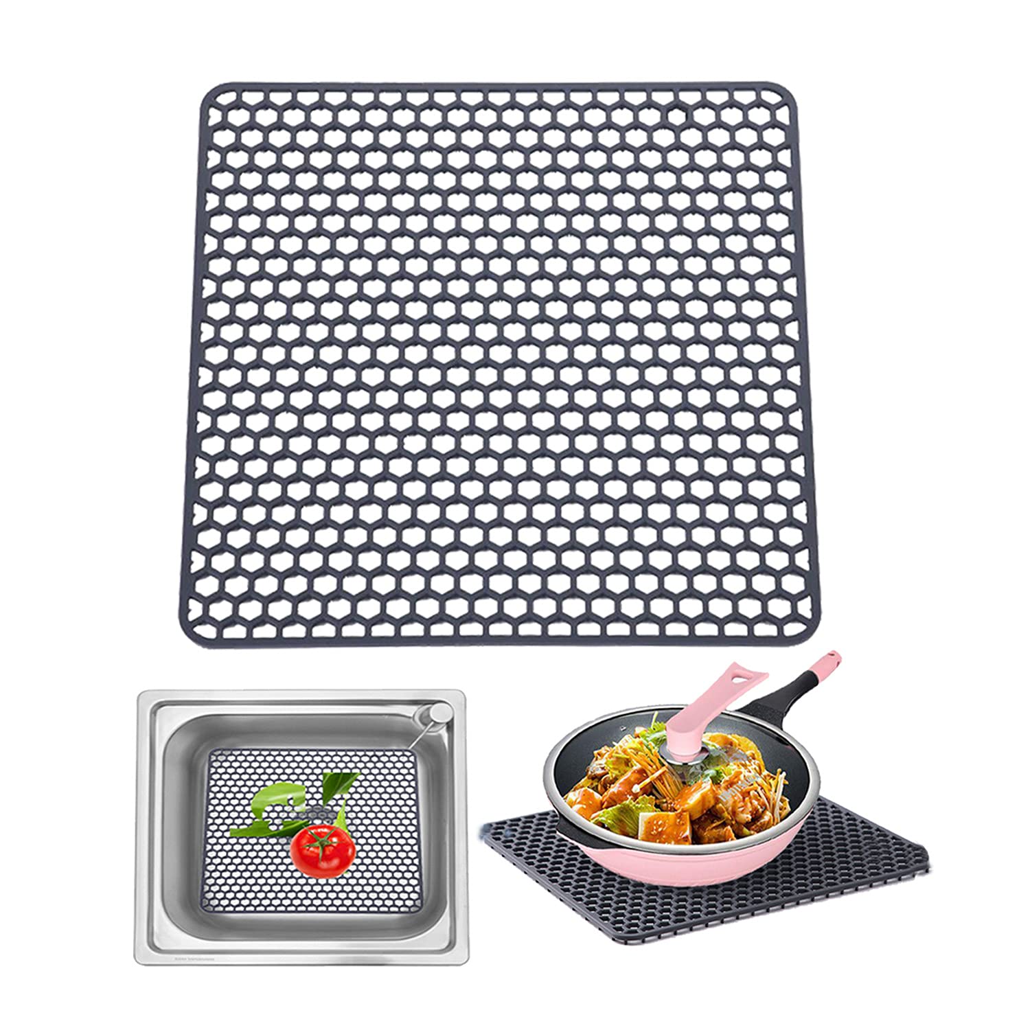 Large Sink Mat Dish Drying Mat Multipurpose Silicone Kitchen Draining Trivet Pad Protector Heatproof and Antiskid (Gray)