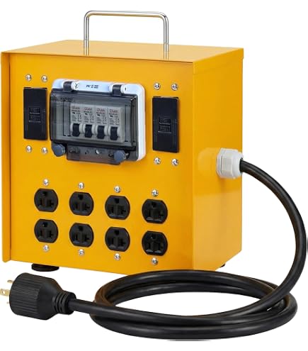 50-Amp 125/250V Power Distribution Box – 6x 125V 20A GFCI Receptacles With Individual Breakers, Waterproof Covers, Ideal For Construction & Outdoor Events