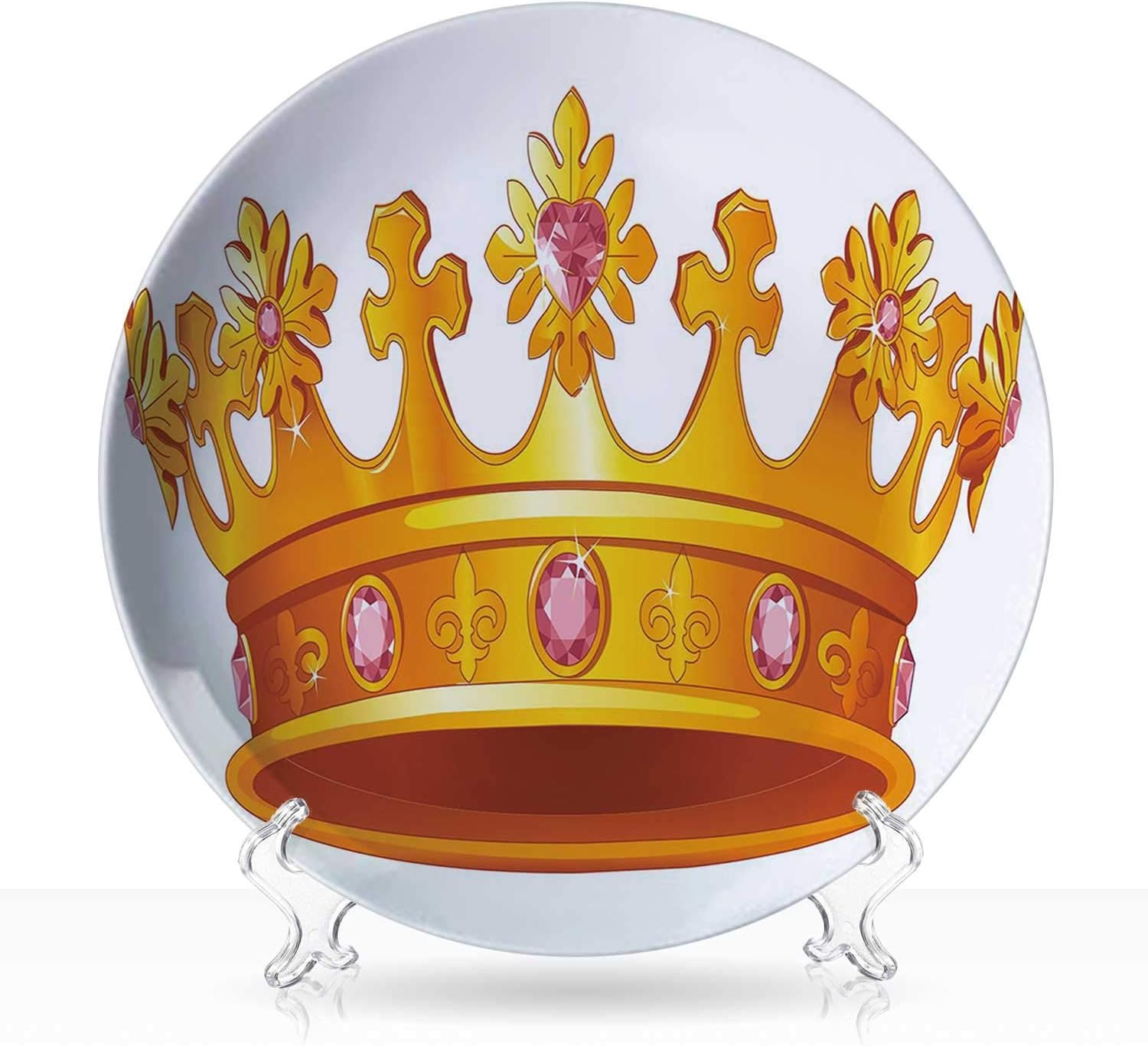 Queen,Indie Ceramic Decorative Plate Golden Color Crown with Colorful