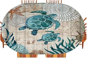 ESFVRG Sea Turtle Oval Table Cloth, Blue Ocean sea Turtle Seaweed Vintage Nautical Illustration, Indoor Dining and Outdoor Patio Festival Use, Fits 48" x 72" Table