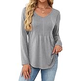 JUSTFASHIONNOW Long Sleeve Shirts for Women Dressy Casual Blouses Fall Tops Pleated V Neck Tunic Tops to Wear with Leggings