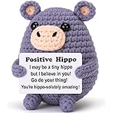 Weming Gift for Women Or Men, Small Stuffed Animal for White Elephant Christmas Stocking Stuffers, Gray Crochet Hippo/Hippopotamus 4" Handmade Amigurumi Plush with Positive Sign Desk Decor