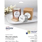 Avery Printable Round Labels with Sure Feed, 2.5" Diameter, Glossy White, 90 Customizable Labels (22830)