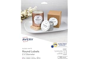 Avery Printable Round Labels with Sure Feed, 2.5" Diameter, Glossy White, 90 Customizable Labels (22830)