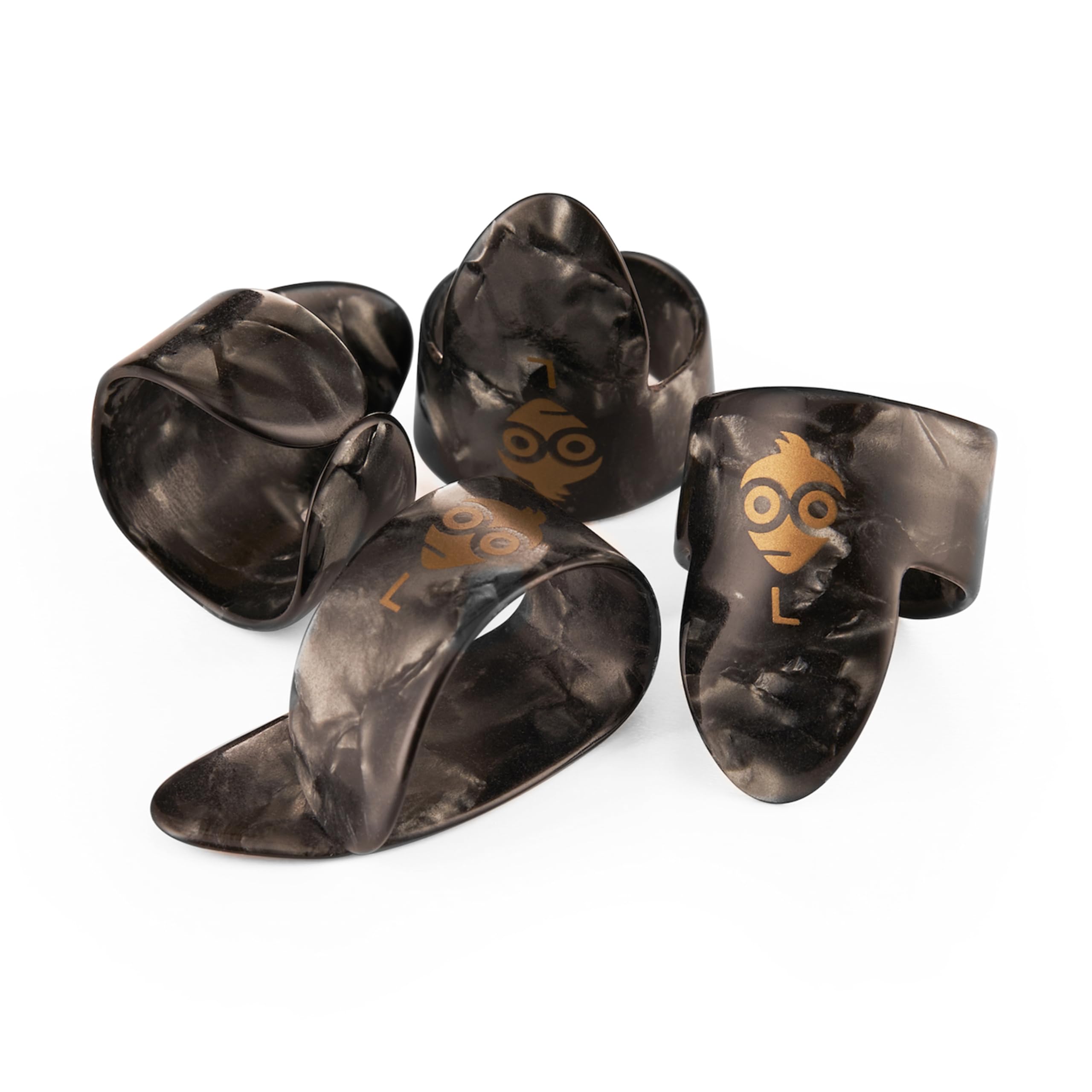 Geek Finger & Thumb Pick Set - Celluloid Picks (1 Thumb, 3 Fingers) - Small, Black Pearl - Includes Draw-String Bag