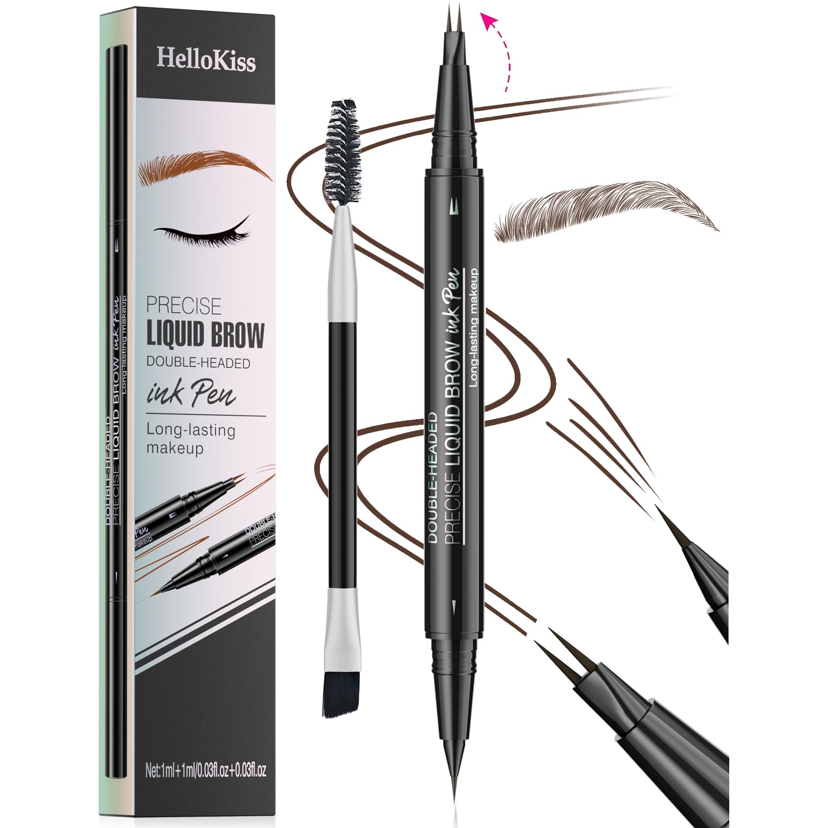 Curved Eyebrow Pen, 3D Waterproof Eyebrow Pencil Contouring Pen, Brow Pencil 2-in-1 Dual-Ended with Micro-Fork-Tip and Precise Brush-Tip Create Natural Hair-Like Brows, Last All-Day, Dark Brown