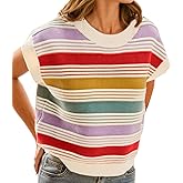 FireSwan Womens Cap Sleeve Sweater Vest Striped Color Block Loose Tank Tops Trendy Vacation Outfits Cute Summer Spring Top